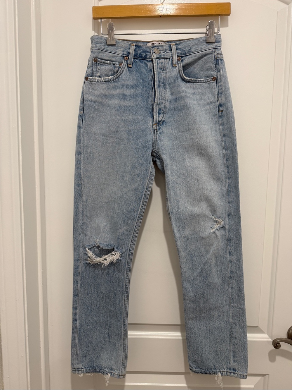 Agolde light, blue, distressed, high waisted button fly denim jeans, size 25